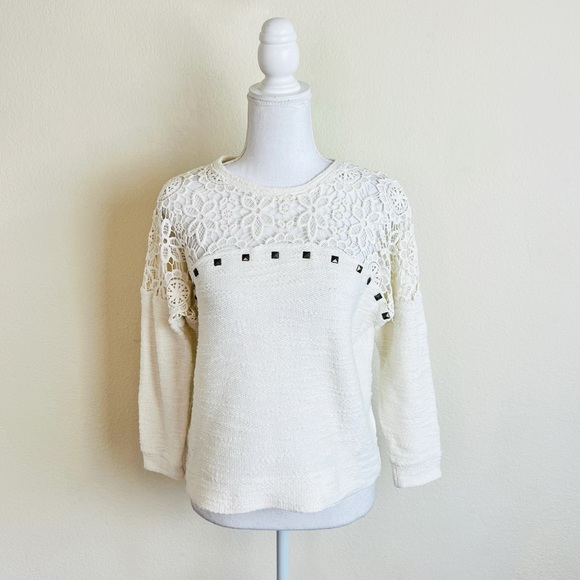 Zara Trafaluc Cream Knit Lace & Studded Long Sleeve Sweater Blouse - Picture 1 of 6
